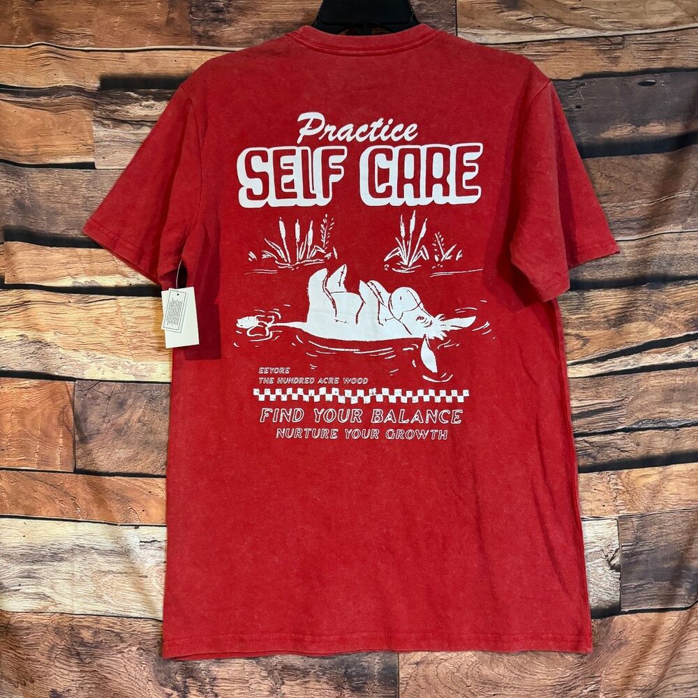 Disney Men's T-Shirt Red S Eeyore "Practice Self Care" Cotton Blend Graphic Tee
